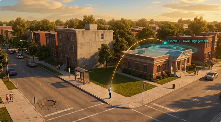 Aerial view of a civic building and community center in an urban setting