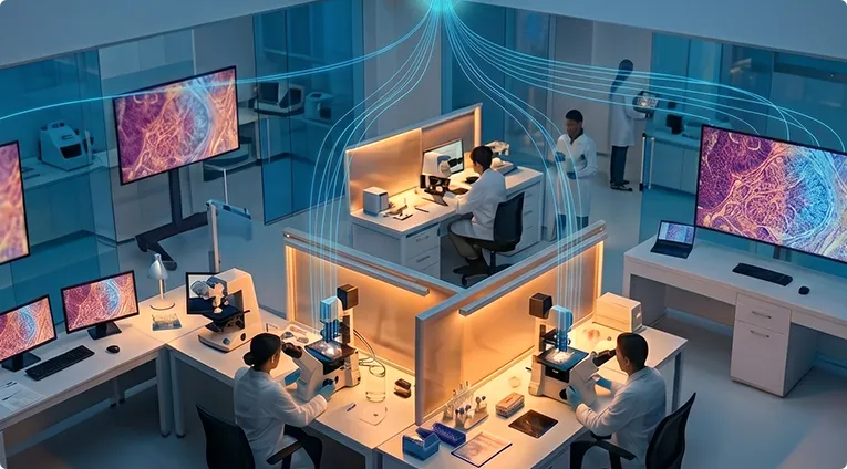 Medical imaging laboratory with multiple screens displaying diagnostic data