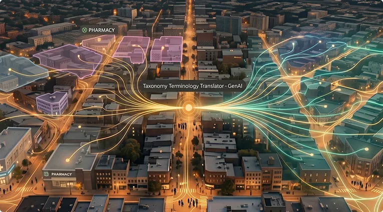 Aerial city view with heat map overlay showing community health access patterns